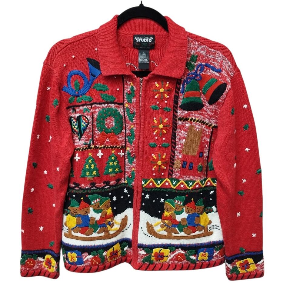 Vintage Designers Originals Novelty Ugly Christmas Zip Cardigan Large Bear Party